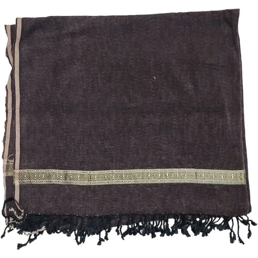 New‎ Hand Wowen Chocolate Brown Fringed Shawl Throw With Gold Trim 49